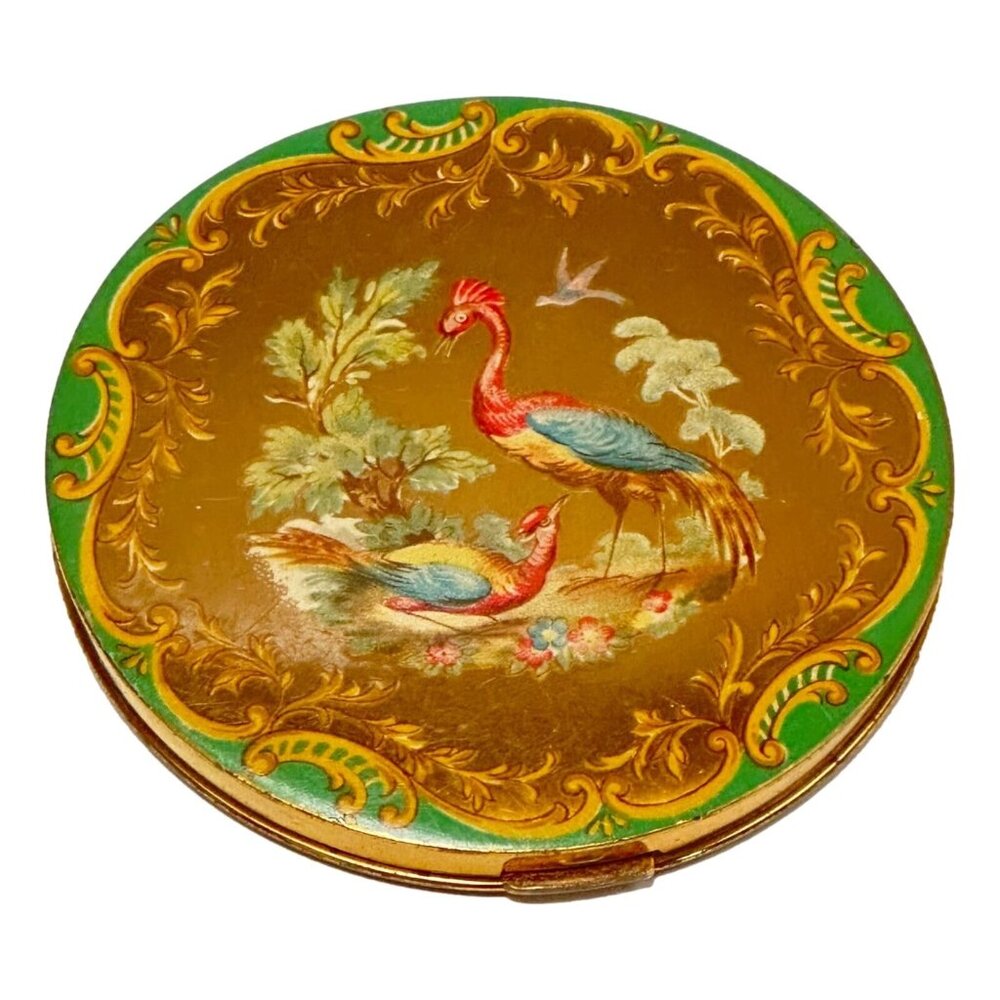 Vogue Vanities Exotic Bird Motiff Brass and Enamel Gold Tone Compact c1940s‎